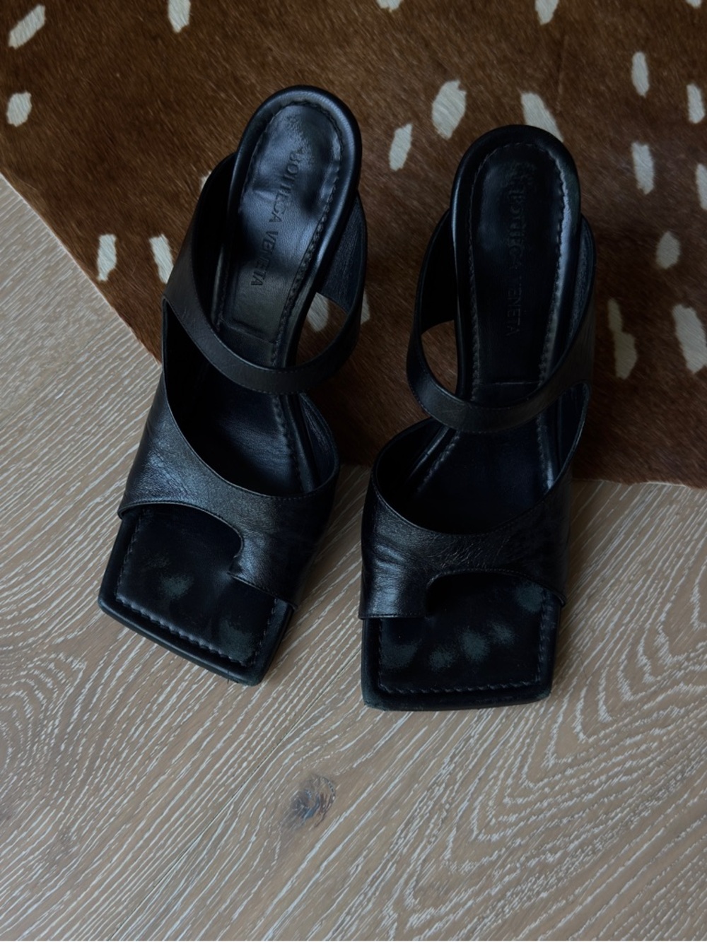 Bottega Veneta Black Leather Square-Toe Strappy Heels